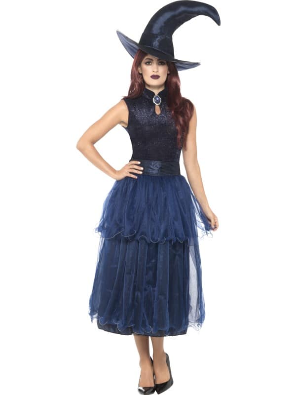 Deluxe Midnight Witch Costume Large, Blue, with Dress, Belt, Lenticular 3D Print Brooch & Hat